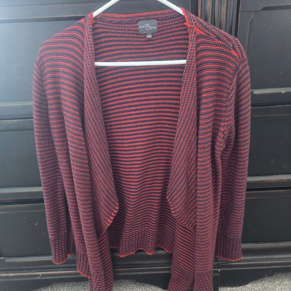 Red and blue cardigan